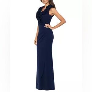 NWT - Xscape Women's V-Neck Ruffle Sheath Gown - Navy - Size 6